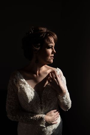 Bride portrait in dramatic light during wedding preparation in Gauteng