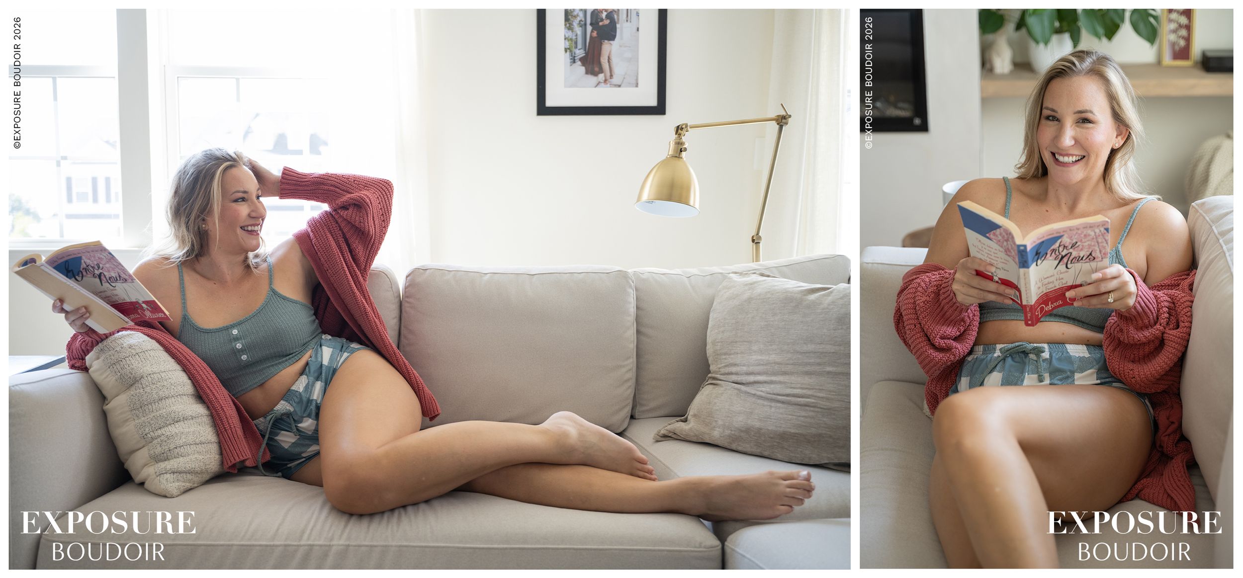 A collage of lifestyle and fashion photography featuring models in various indoor settings and poses.