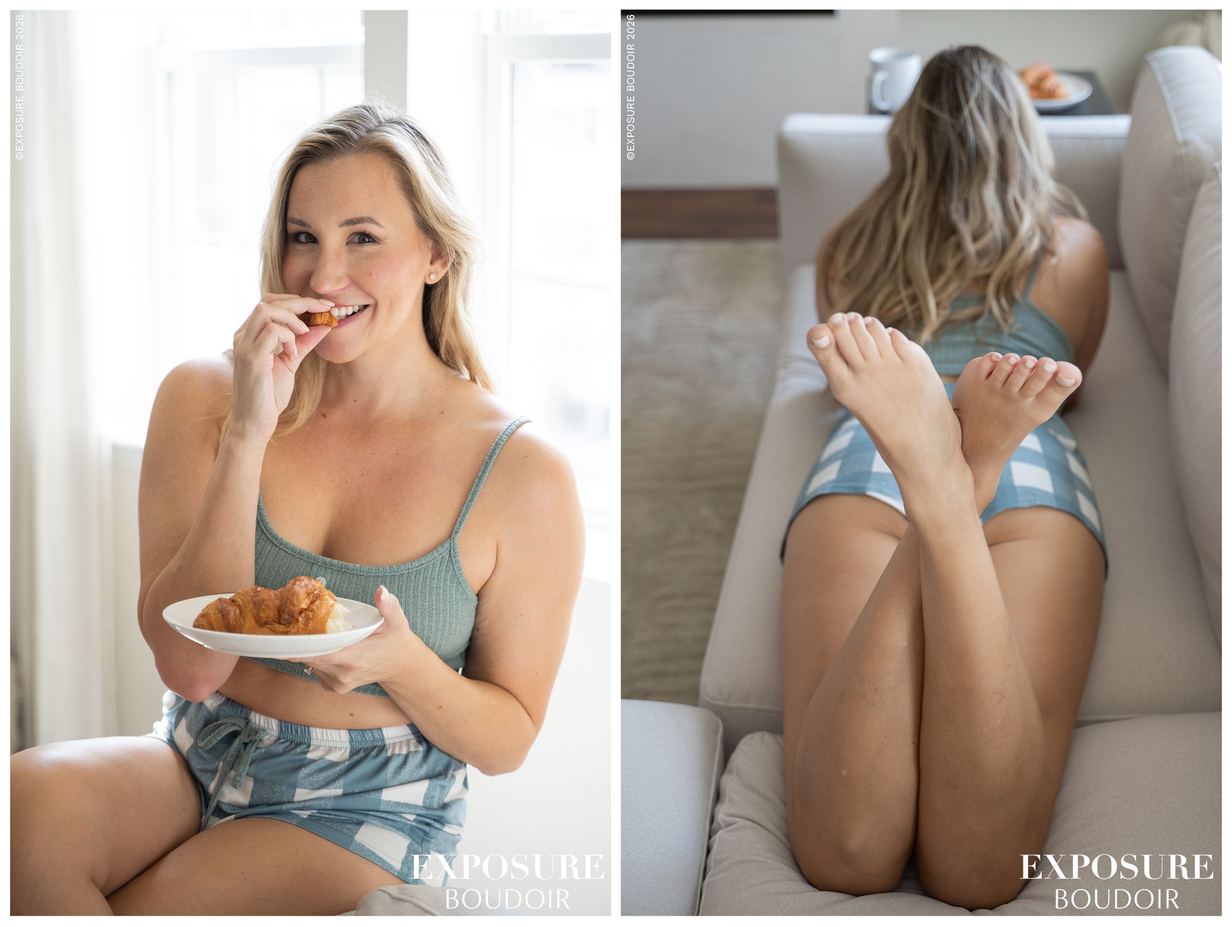 Woman in blue lingerie lounging comfortably on white sofa with coffee and breakfast.