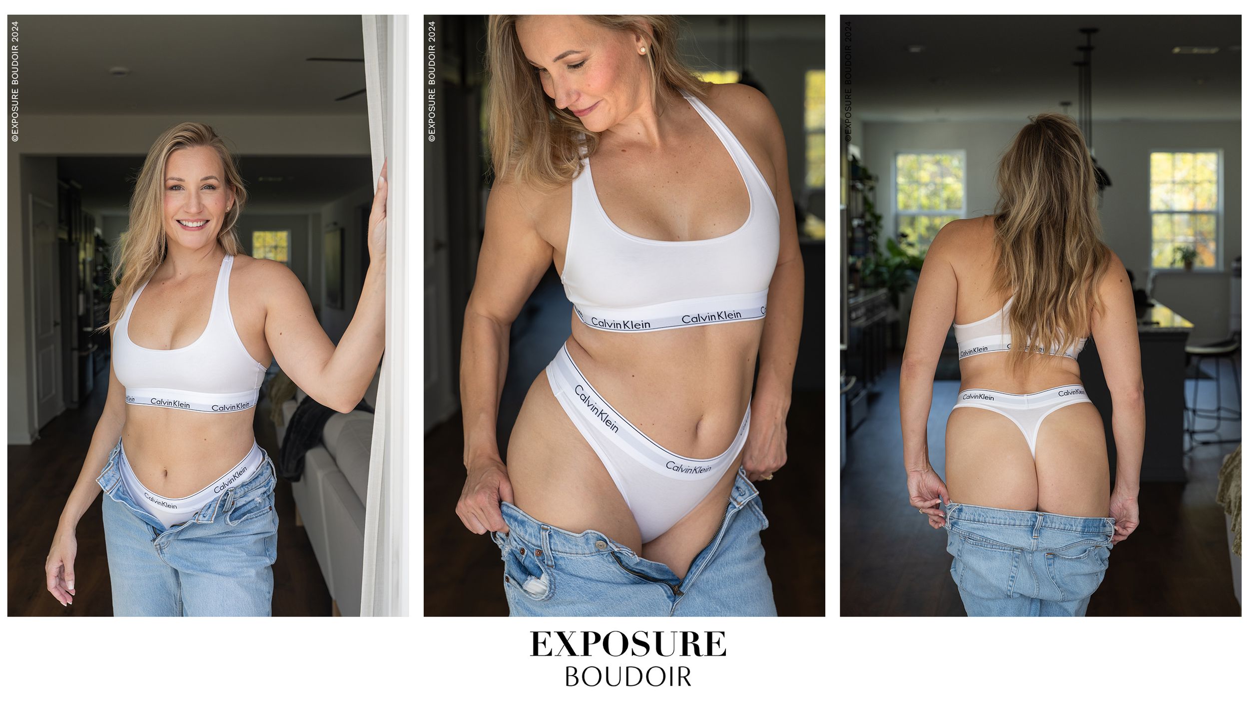 Woman in white lingerie set and jeans poses in three different angles showing off undergarments and denim styling.