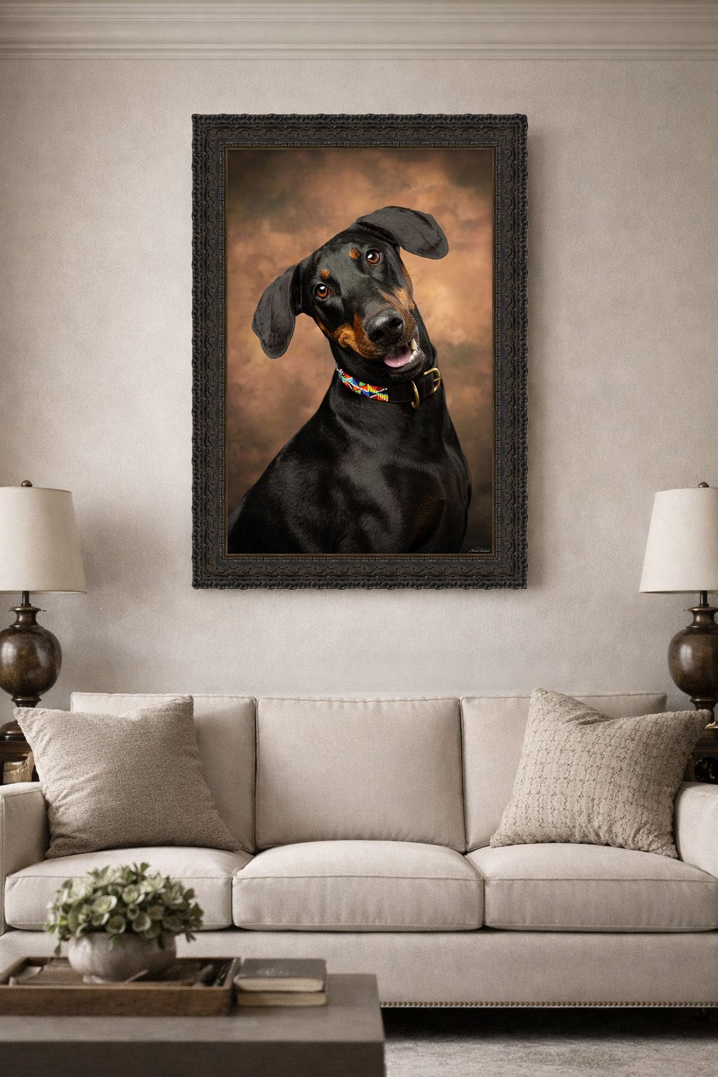 A series of four elegant black and white photographs showing a black dog portrait above a modern white sofa in a minimalist room.