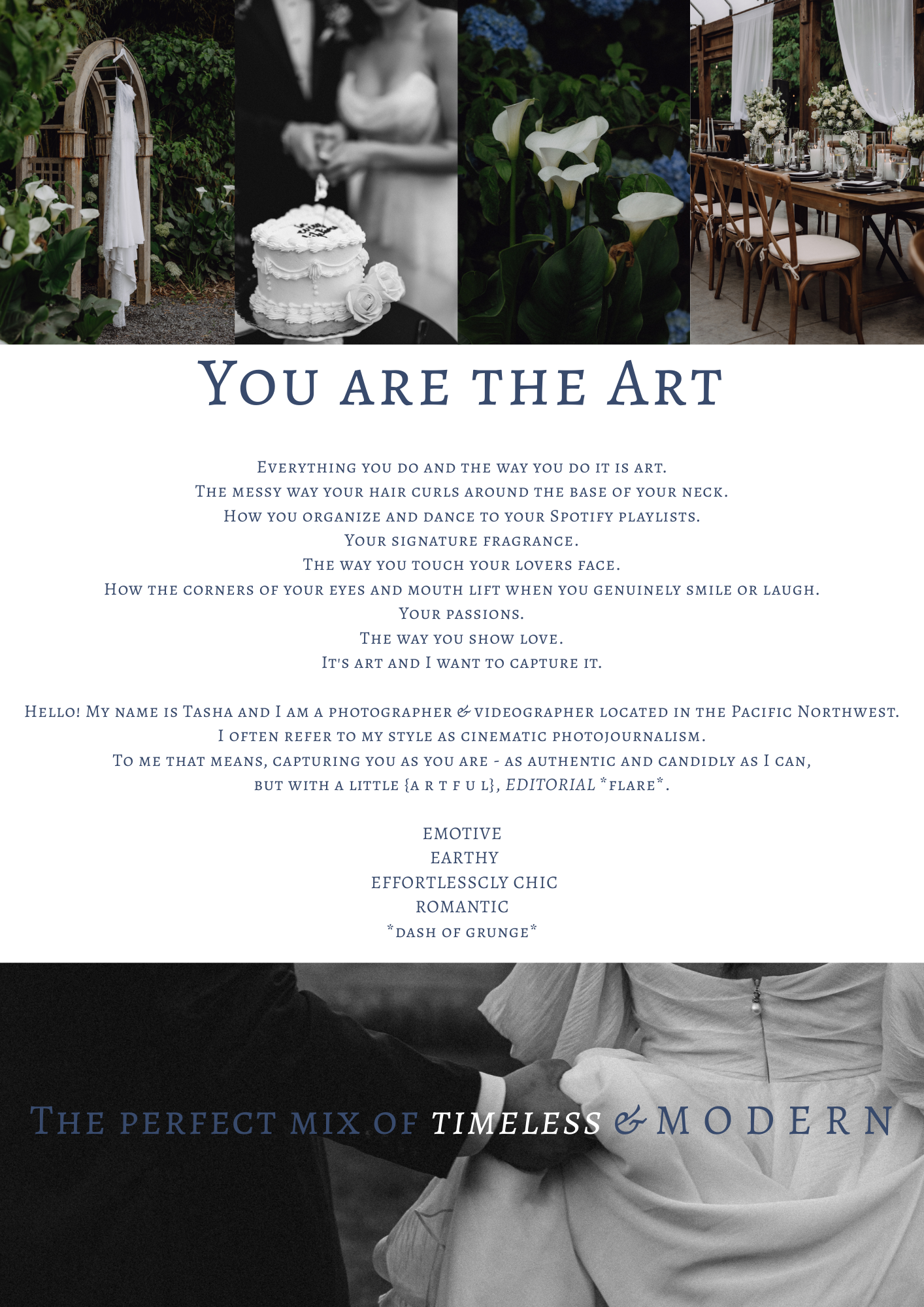 Wedding photography marketing layout with floral and table setting images.