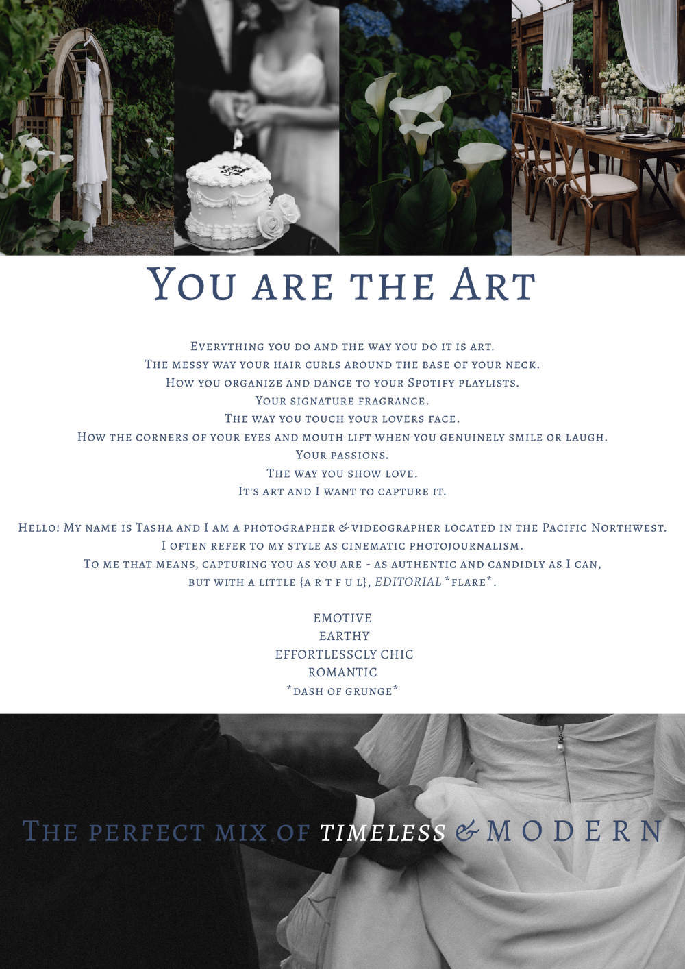 Wedding photography marketing layout with floral and table setting images.