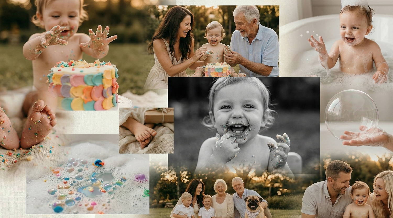 A joyful collage of family moments featuring cake smashing, outdoor portraits, and candid laughter at sunset.