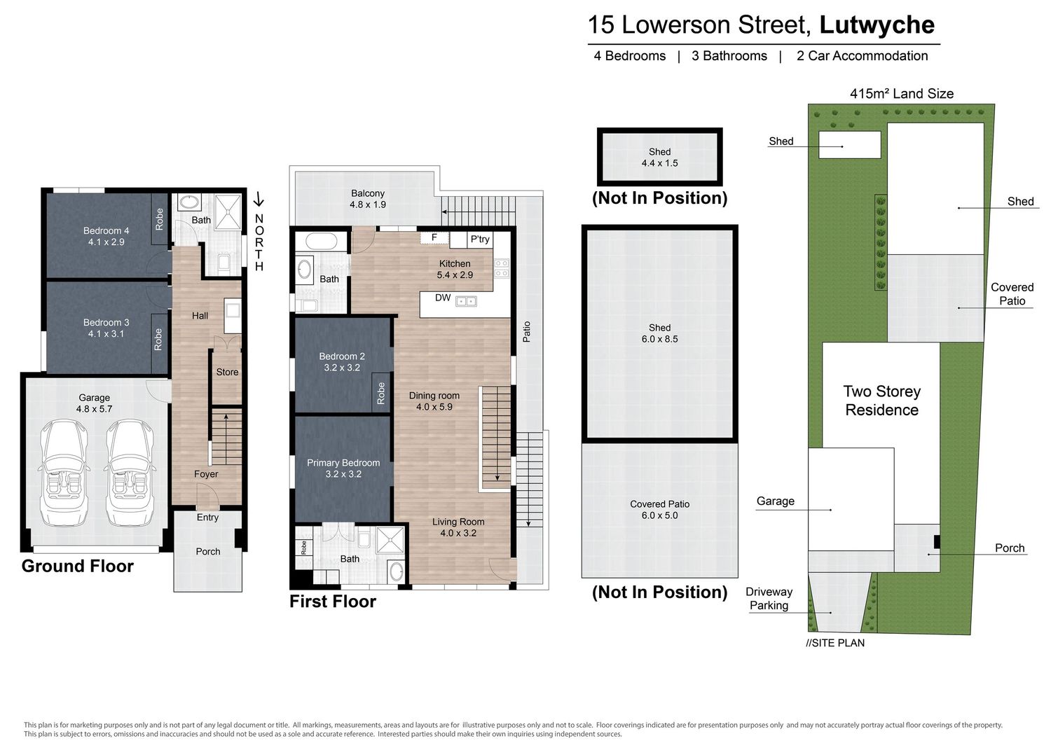 Two-storey floor plan of 4-bed 3-bath home at Lutwyche with garage and accommodation.