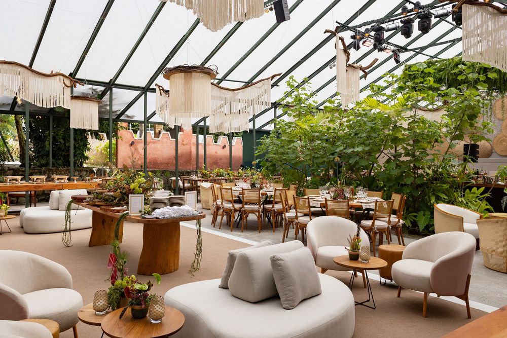 A cozy greenhouse-style restaurant interior with rattan furniture, hanging plants, and natural lighting.