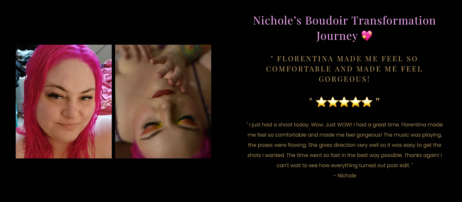 Side by side before and after boudoir photography transformation images showing pink hair and glamour styling.