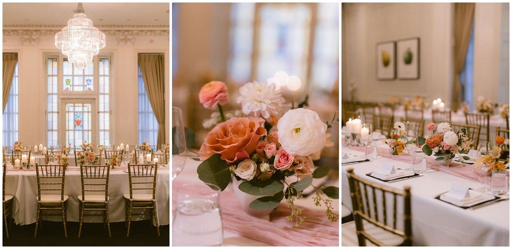 Elegant wedding reception venue with tall windows, gold chairs, and floral centerpieces in soft pink and coral tones.