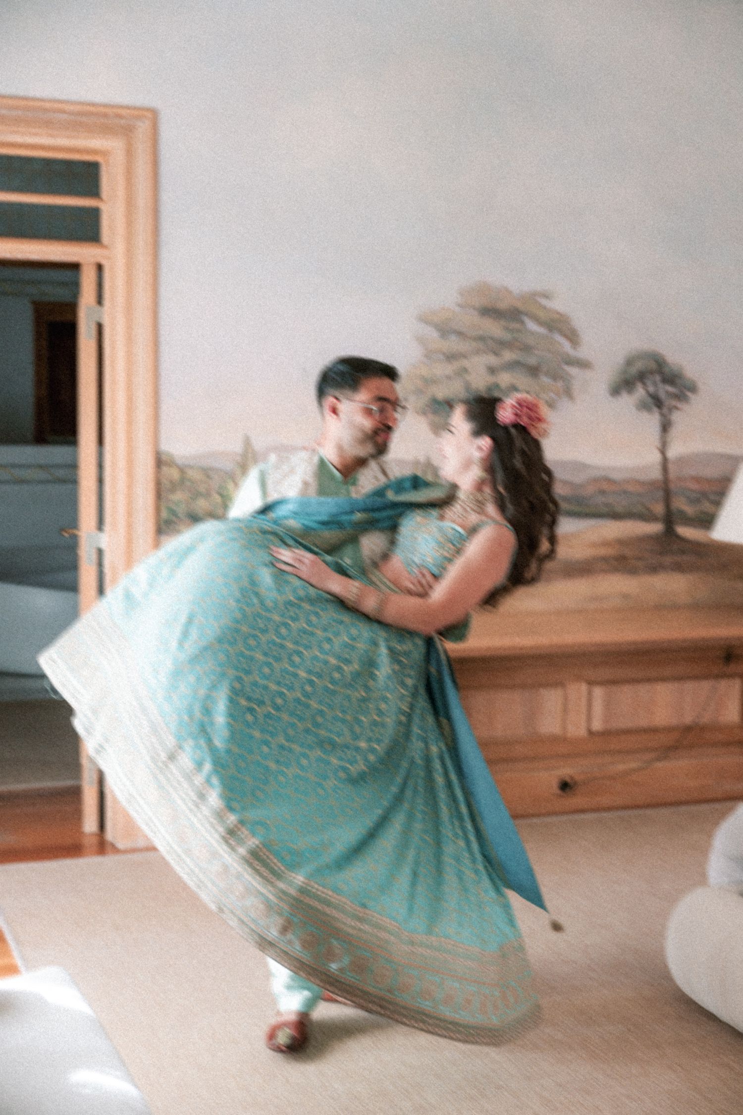 romantic couple moment bride spinning Casa Bons Ares Portugal