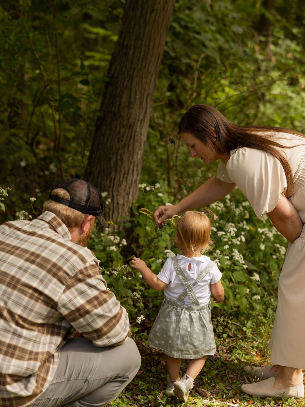 A sequence of images showing people picking wildflowers together in a sunlit wooded area.