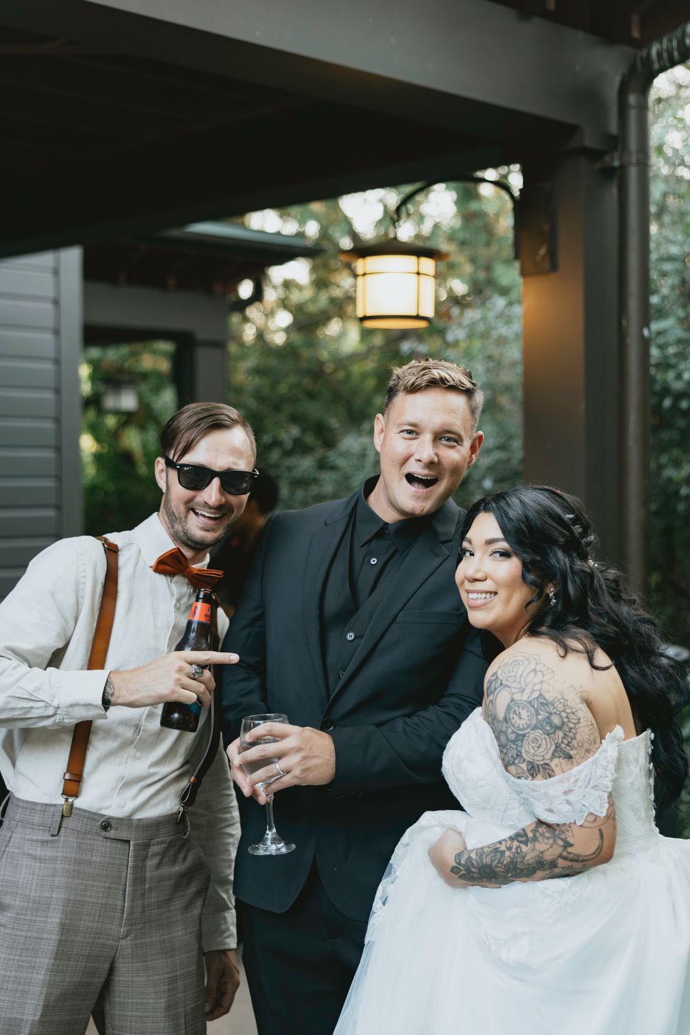 A candid series of wedding photos showing joyful moments and laughter during outdoor celebrations.