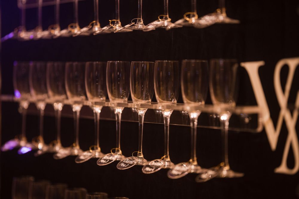 Champagne glasses lined up for wedding reception toast at Royal Sonesta Puerto Rico