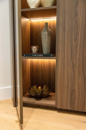 Modern wooden display cabinet with LED lighting, Tom Ford book, ceramic vase, and gold decorative bowl on shelves.