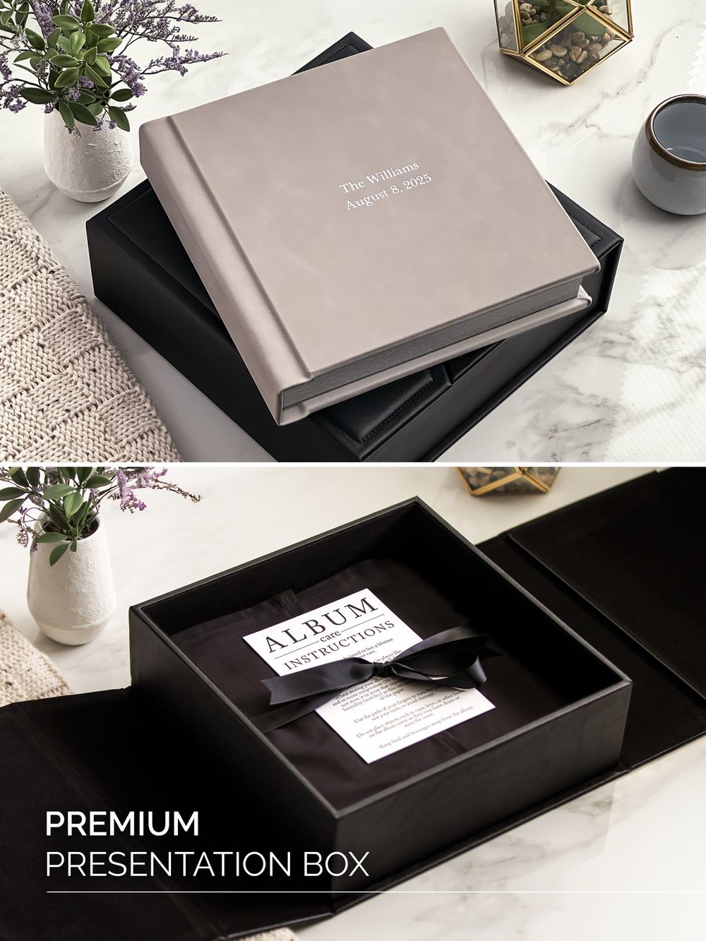 Close-up of a luxury heirloom wedding album with premium leather and custom embossing. Elegant, high-end fine art wedding book for couples.