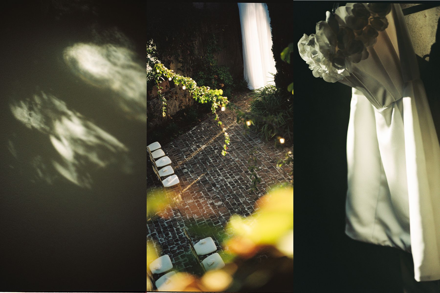 Dappled sunlight creates shadows through trees at an outdoor wedding venue.