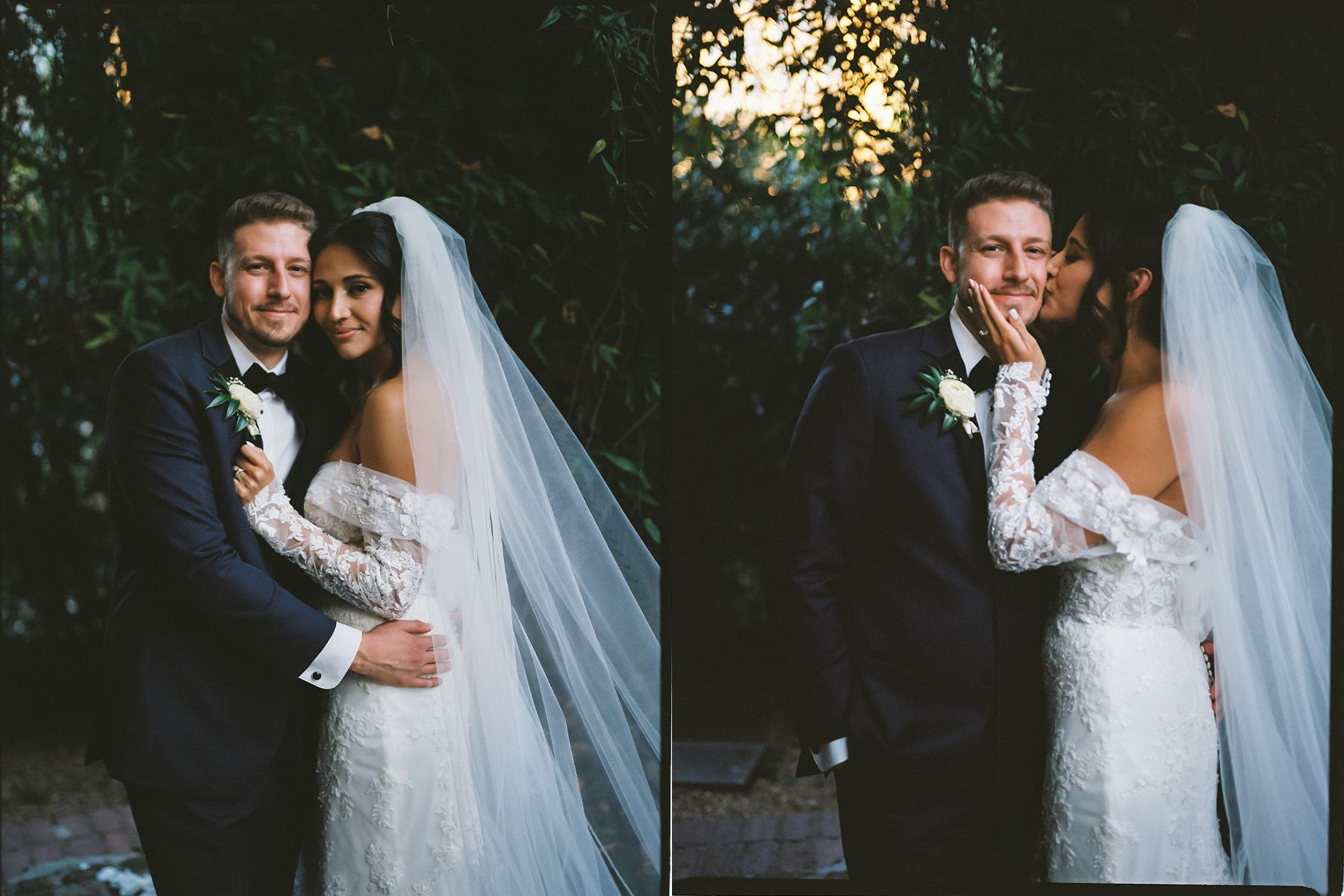 A romantic wedding photoshoot in a lush garden setting with natural lighting.