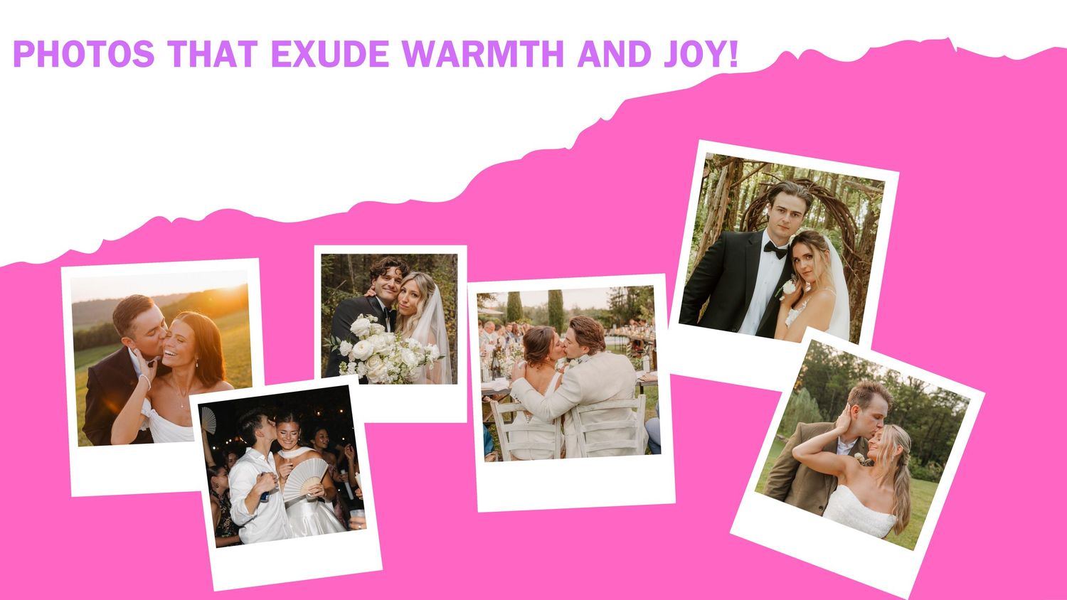 A collection of vintage-style polaroid photos scattered on a bright pink background.