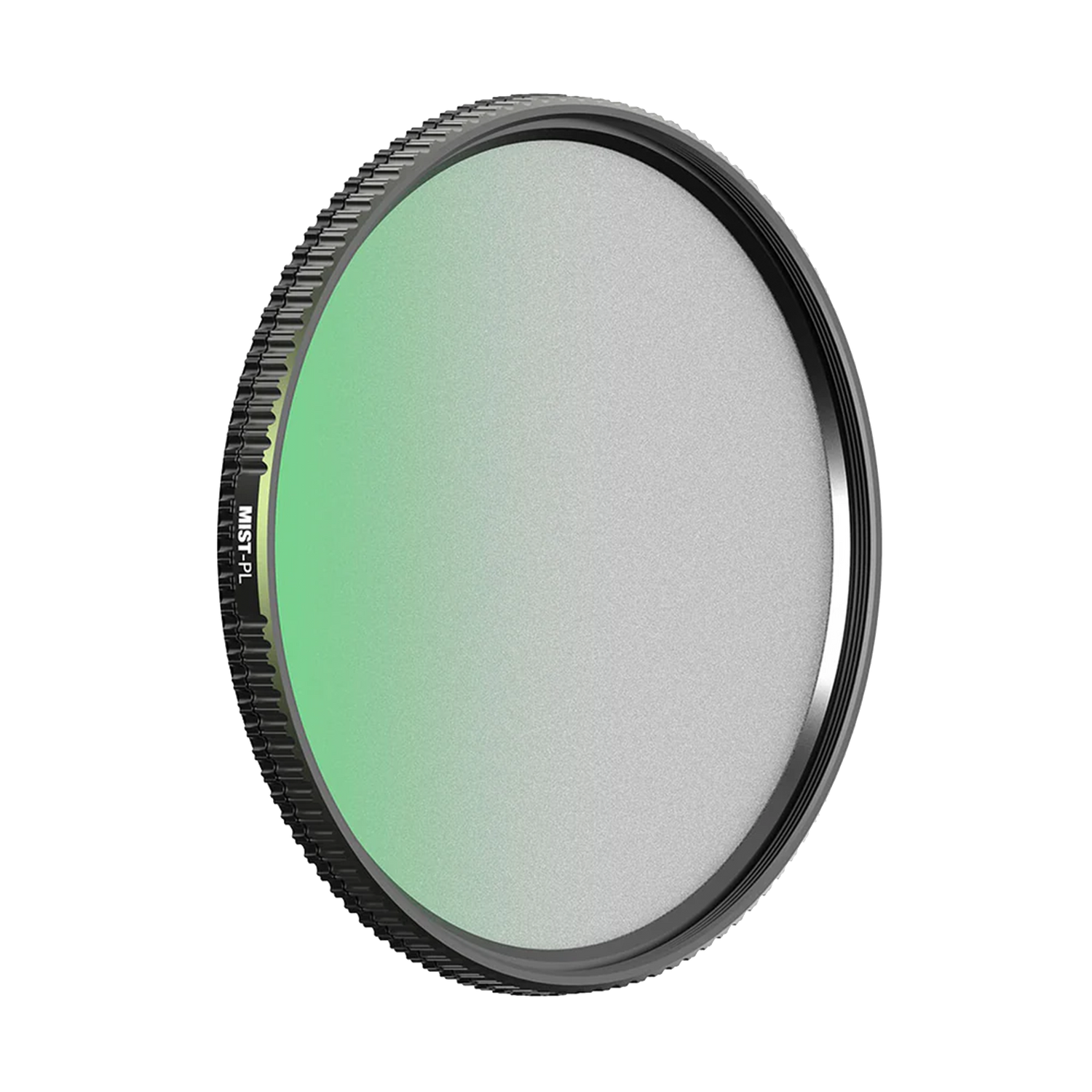 A round photographic lens filter with a black rim showing a gradient from green to clear.