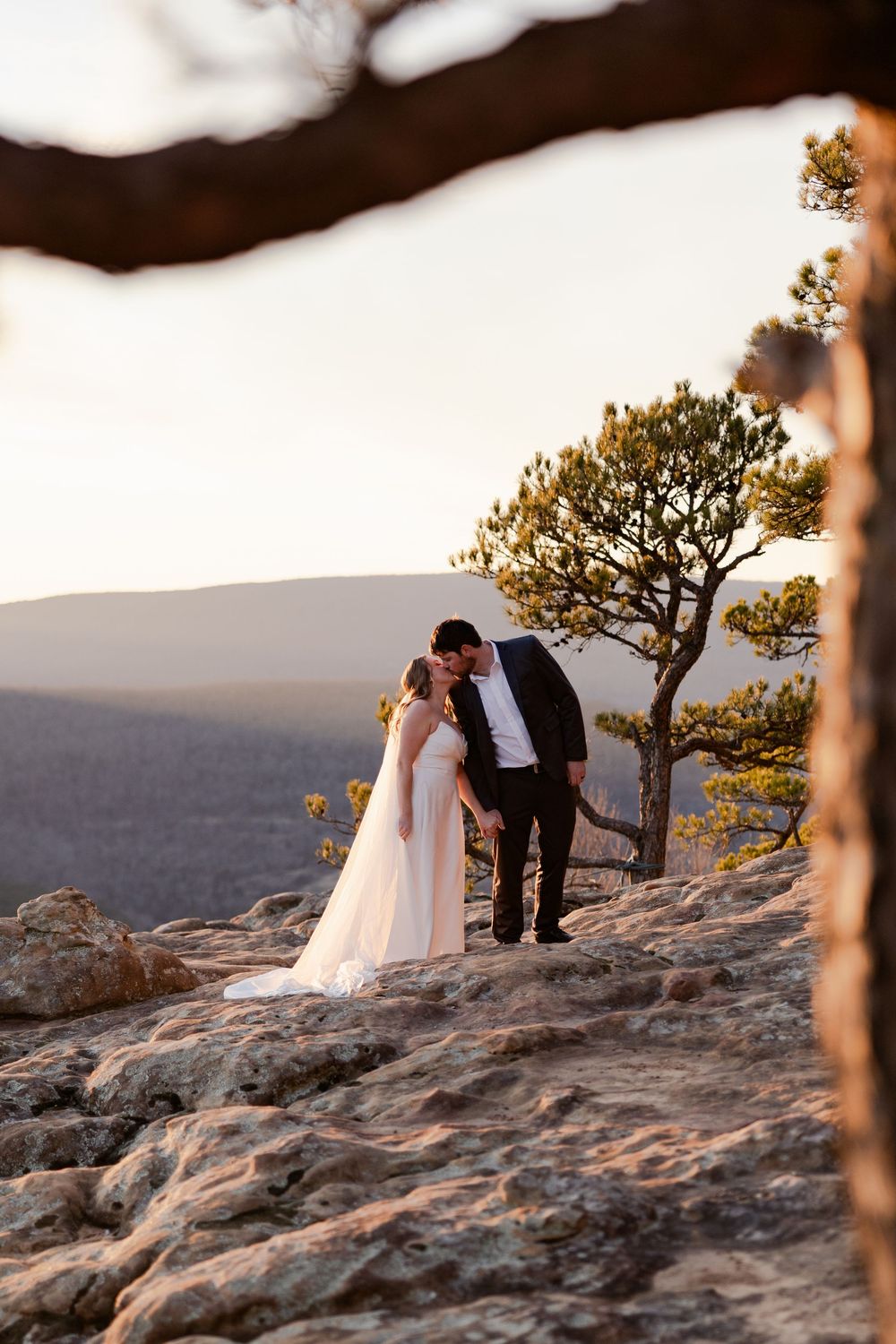 bride and groom arkansas elopement sunset