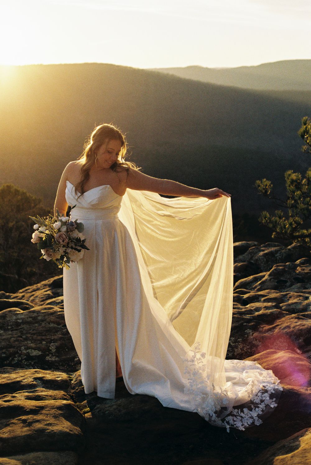 bride at sams throne elopement on 35mm film at sunset