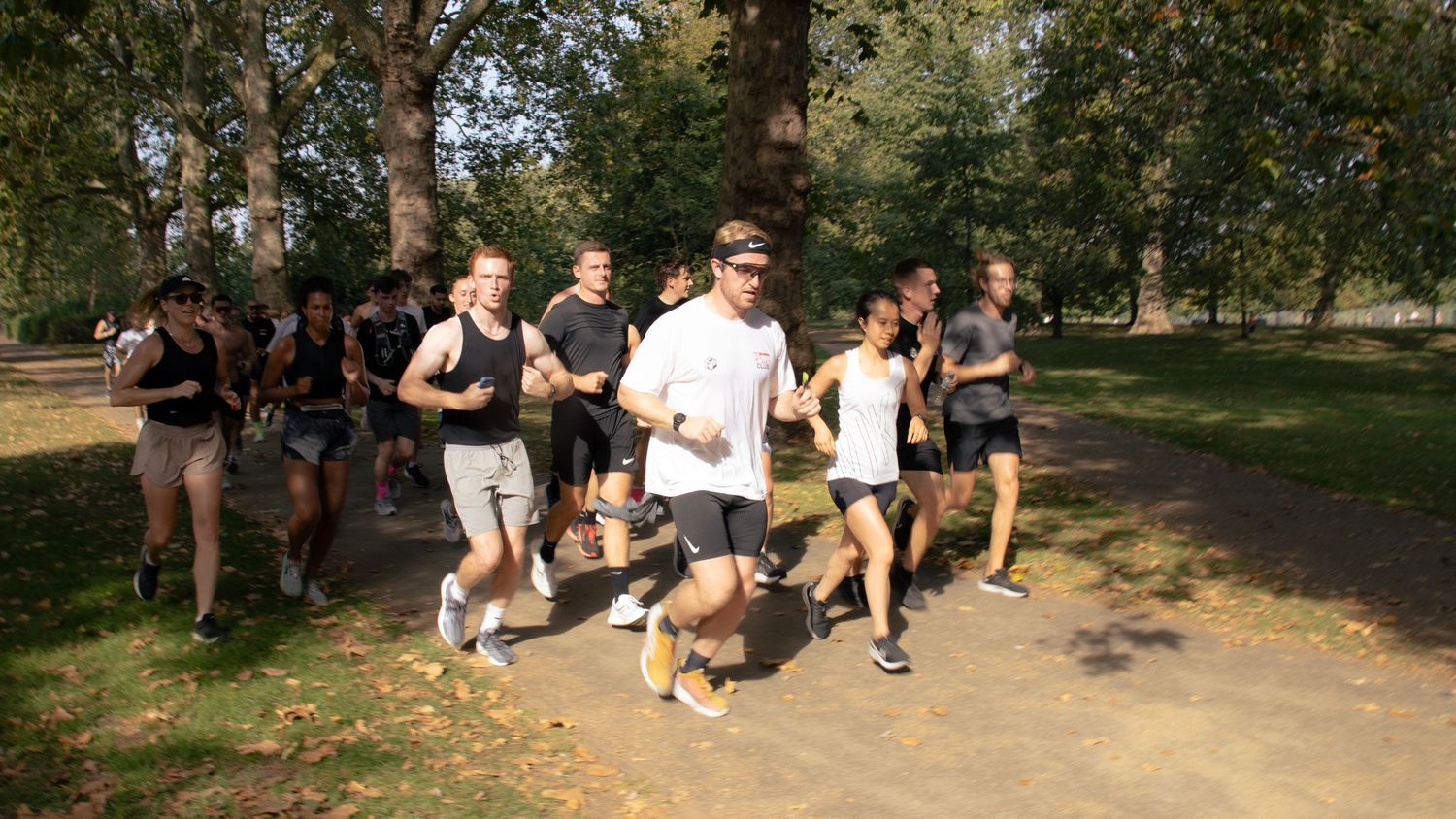 Running group jogging through a shaded park path on a sunny day.