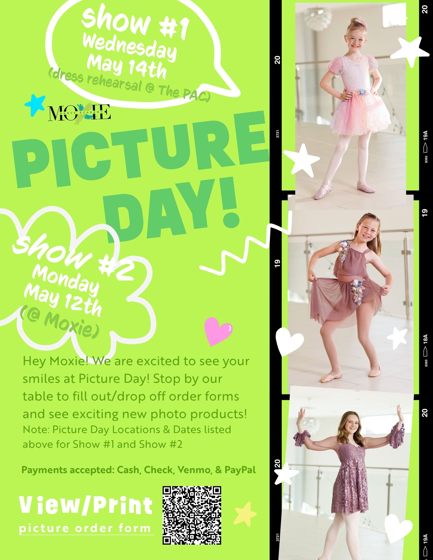 Green promotional banner for dance studio picture day featuring ballet poses and event details.