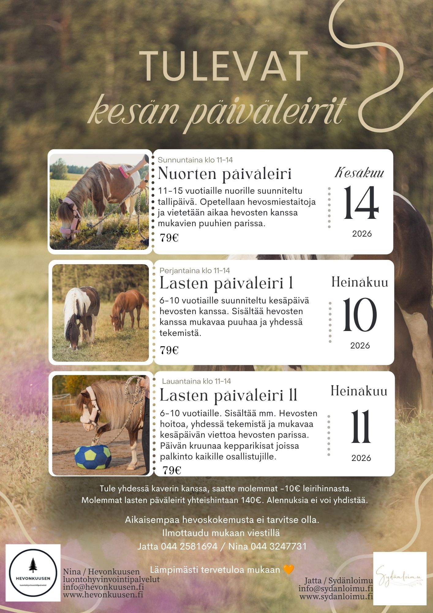Finnish summer horse camp flyer advertising youth and children day camps in July 2026 with pricing and registration details.