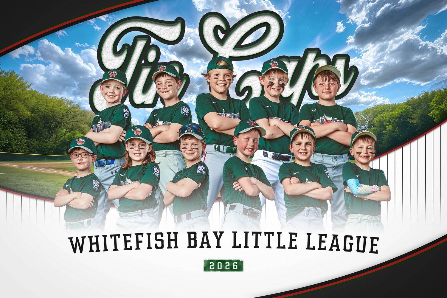 2025 Whitefish Bay Little League Mud Hens youth baseball team photo with players posing in blue uniforms outdoors.