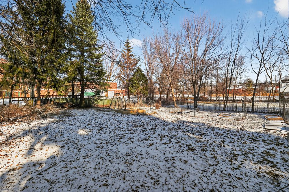 Snow-dusted backyard with bare trees, evergreens, and a playground visible in the distance on a clear winter day.