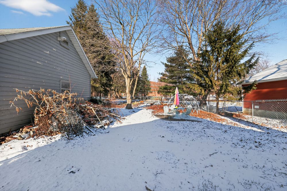 Snow-covered backyard with bare deciduous trees, evergreens, and colorful yard decorations in winter.