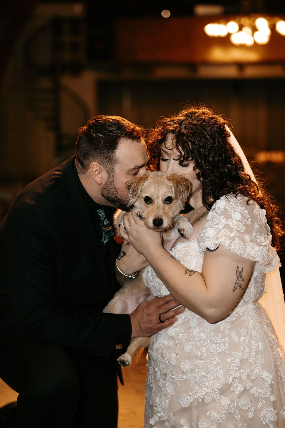 A couple shares romantic kisses with their small white dog during their wedding celebration in a dimly lit venue.