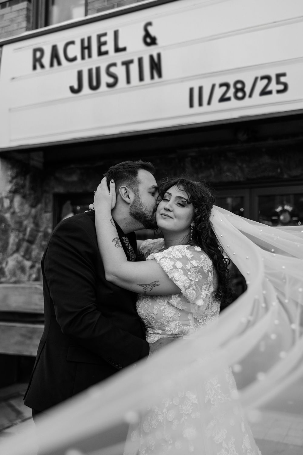 A romantic black and white photo series showing a couple in wedding attire sharing intimate moments together.