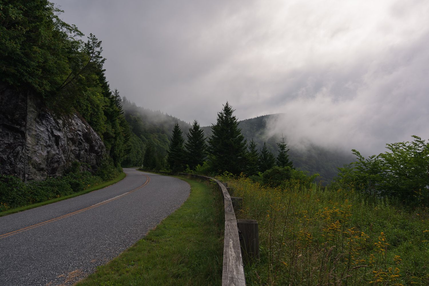 A winding mountain road curves through misty evergreen forests under a dramatic cloudy sky.