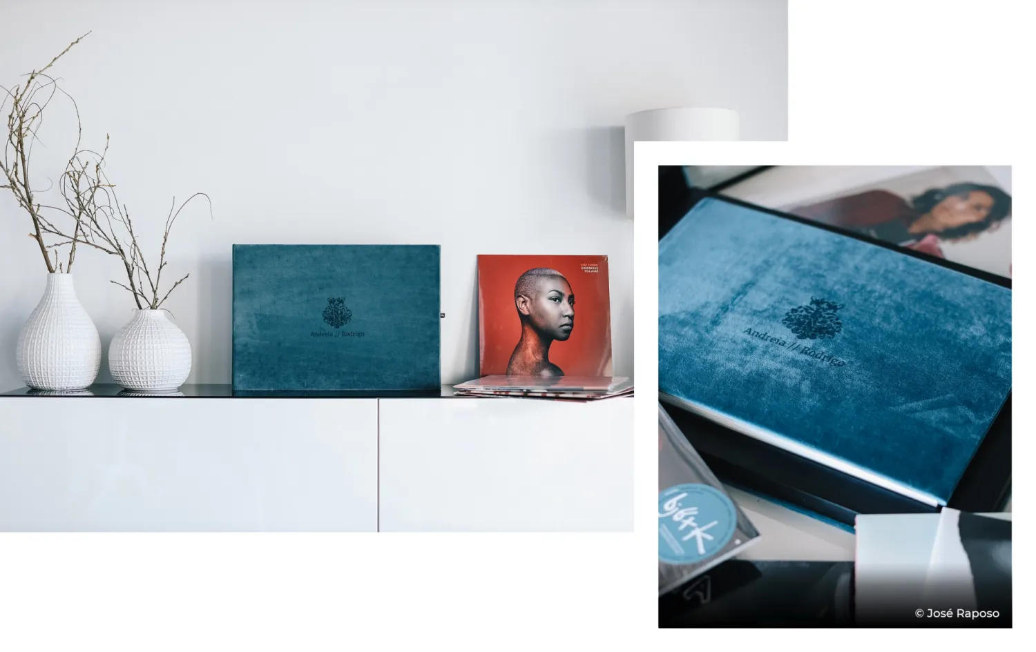 A collection of minimalist photography thumbnails showing abstract compositions in blue and white tones.