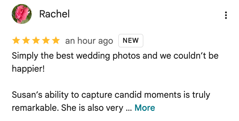 A 5-star customer review on a white background showing positive feedback about wedding photography services.