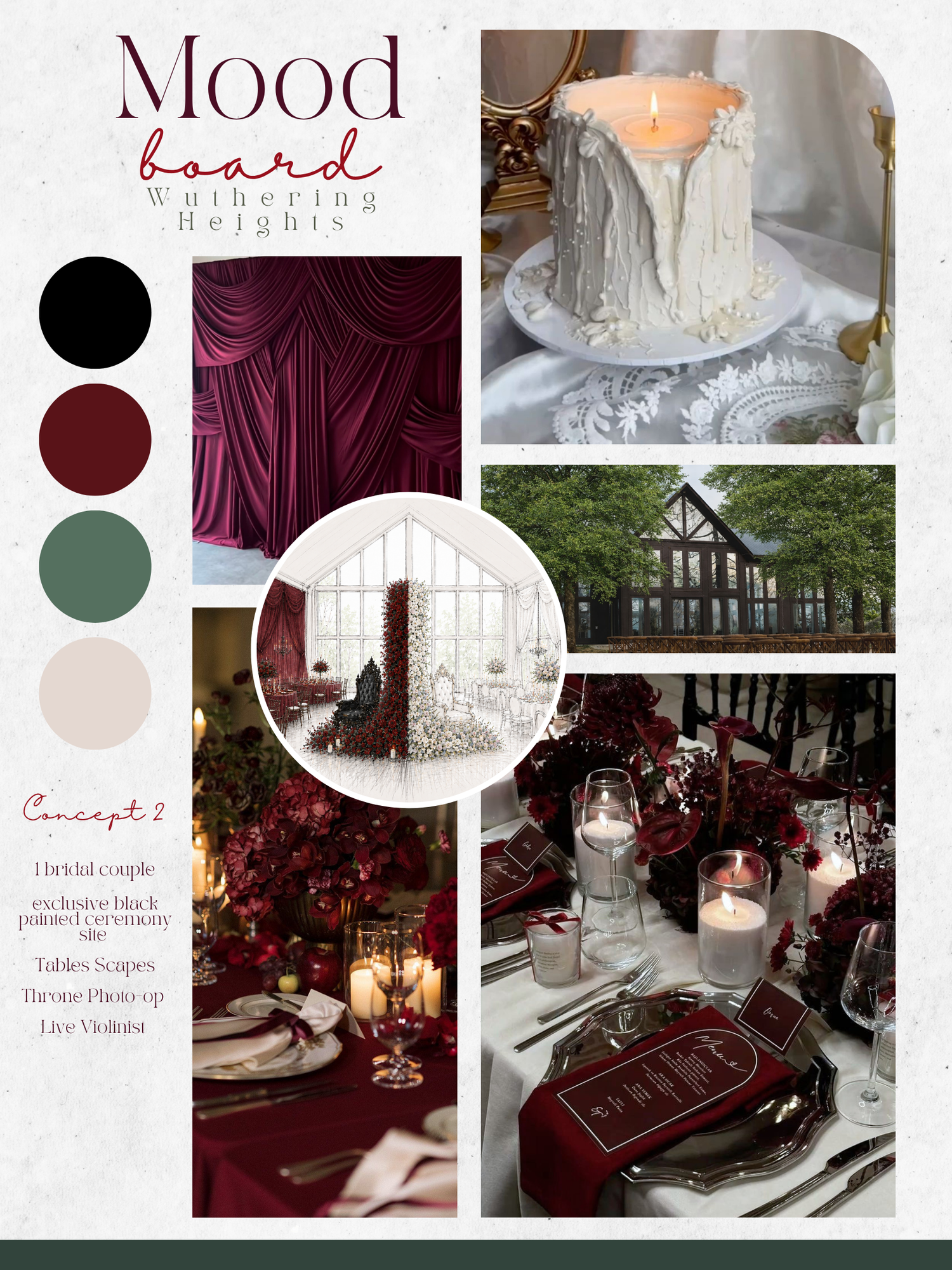 Gothic wedding mood board featuring deep red, black, and green palette with draped velvet, candlelit tablescape, and Tudor-style venue.