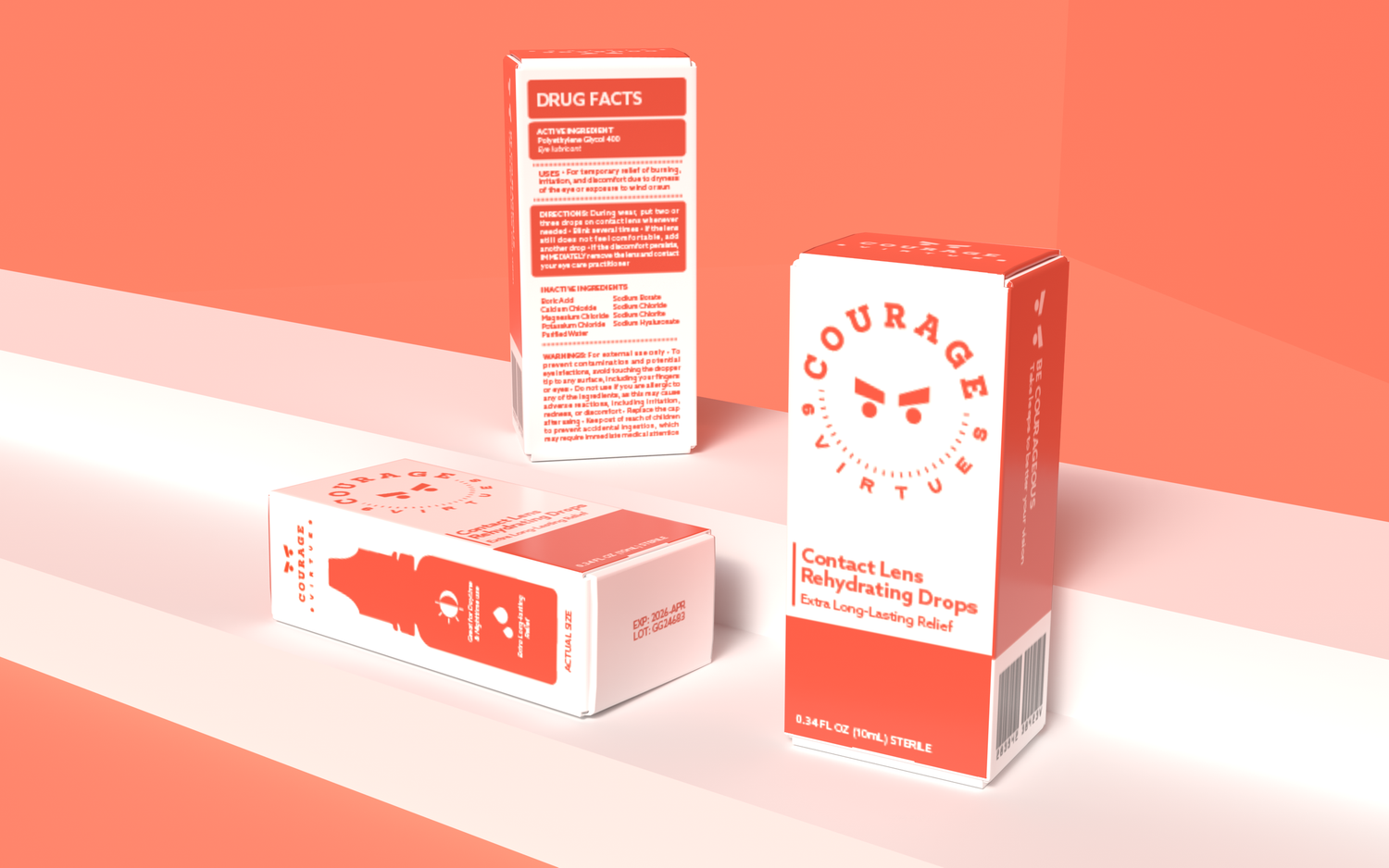 Courage branded contact lens rehydrating drops packaging shown in coral pink with drug facts label.