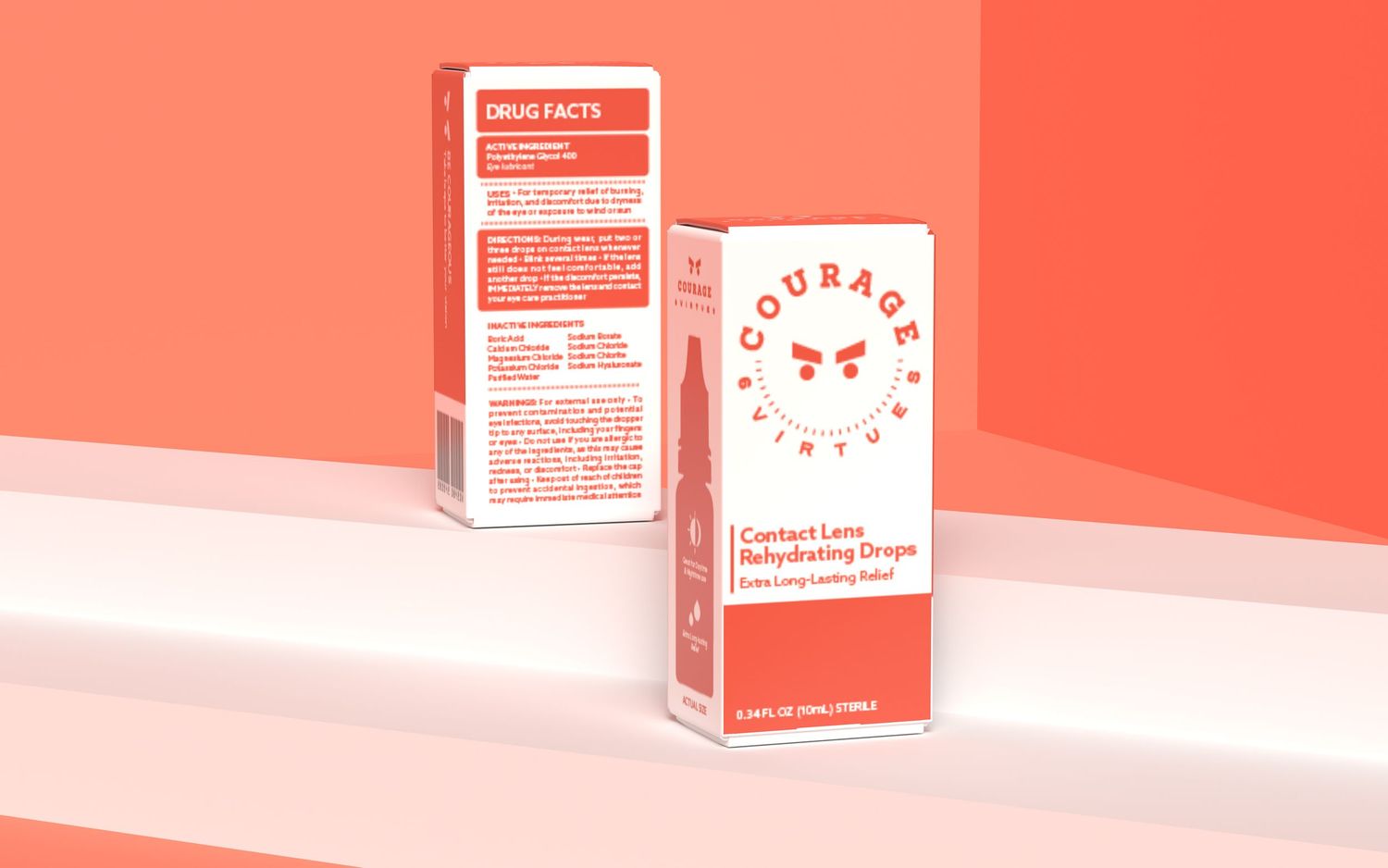 Courage contact lens rehydrating drops packaging displayed against a coral pink background, showing front and back of the box.