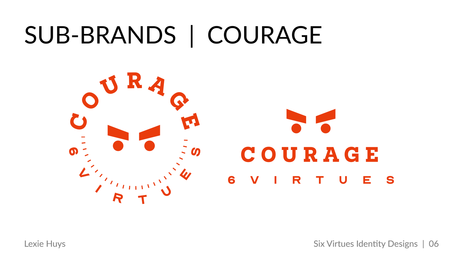 Red circular badge and bold text logo for Courage, a sub-brand of Six Virtues, featuring an angry face icon.