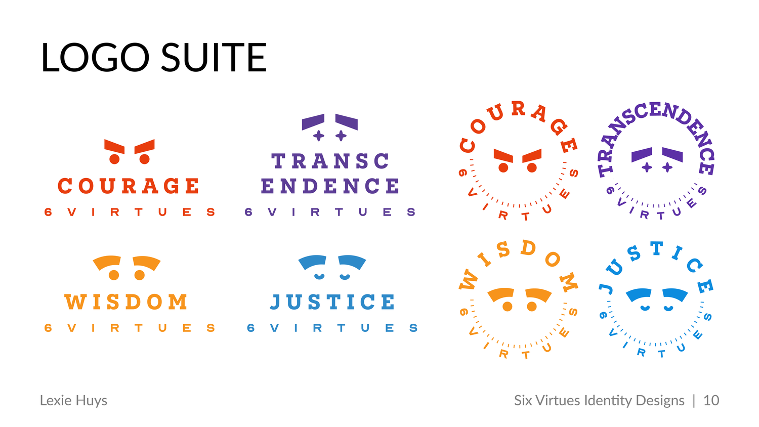 Logo suite for Six Virtues featuring Courage, Transcendence, Wisdom, and Justice in bold typography with decorative icons.