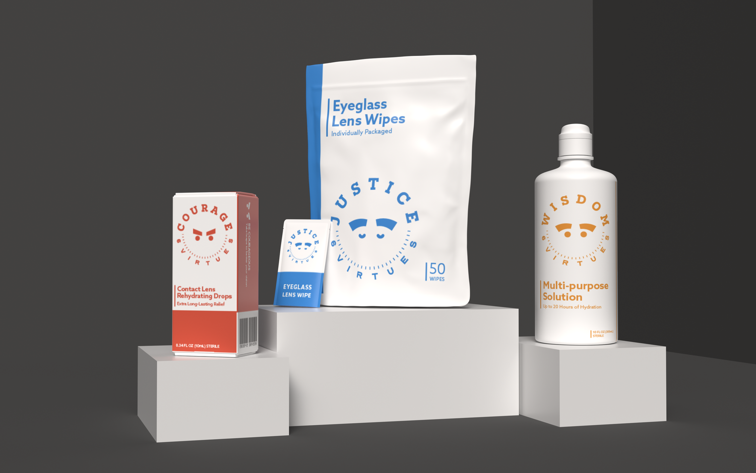 Three Justice branded eye care products including lens wipes, eye drops, and solution bottle displayed on white pedestals.