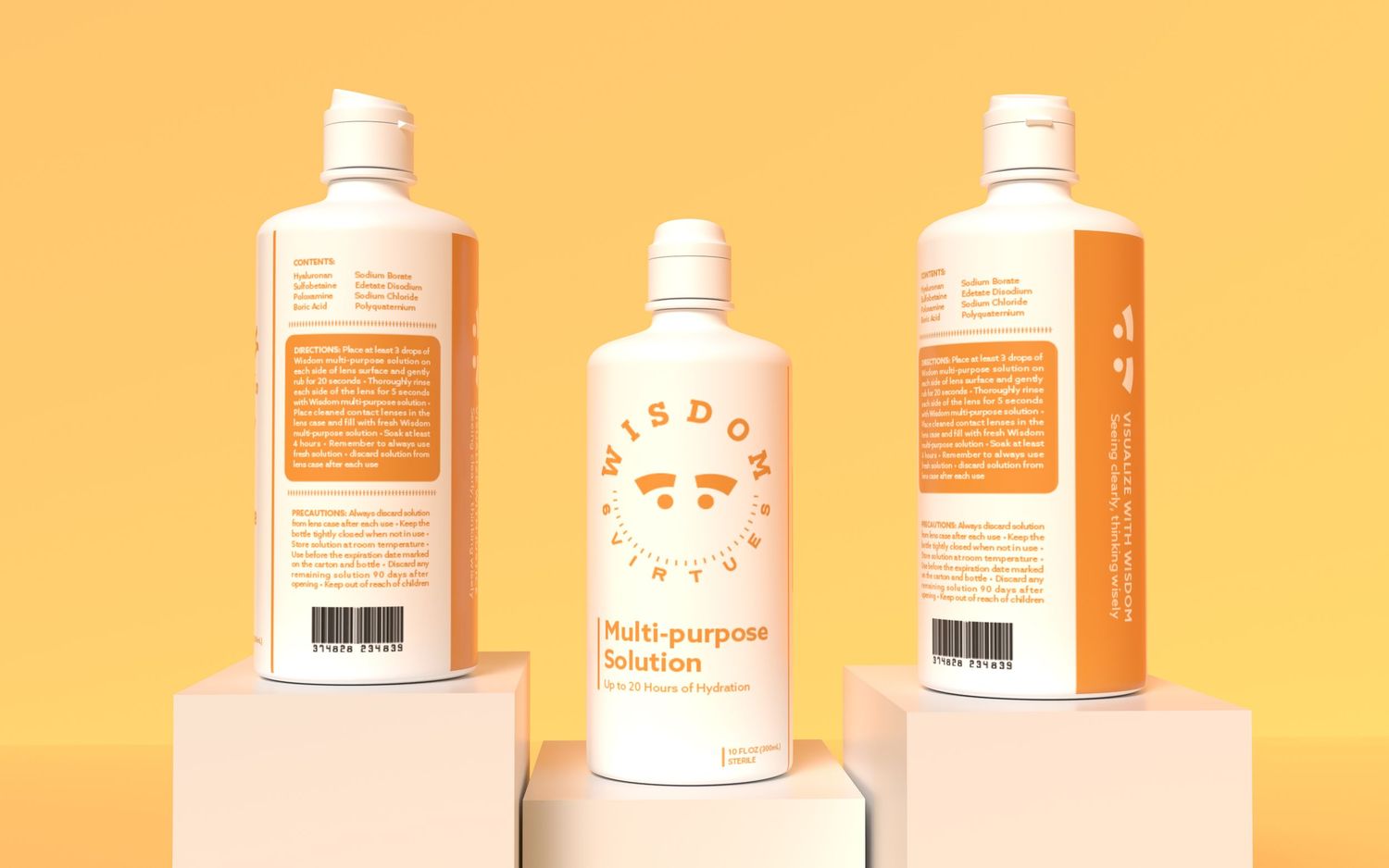 Three Wisdom Multi-purpose Solution bottles arranged on white pedestals with a warm orange background.