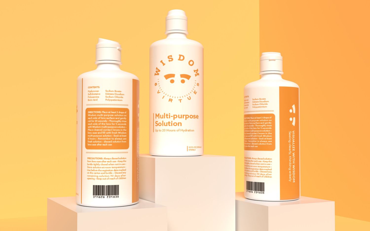 Three Wisdom brand multi-purpose solution bottles displayed on white pedestals against a warm orange background.