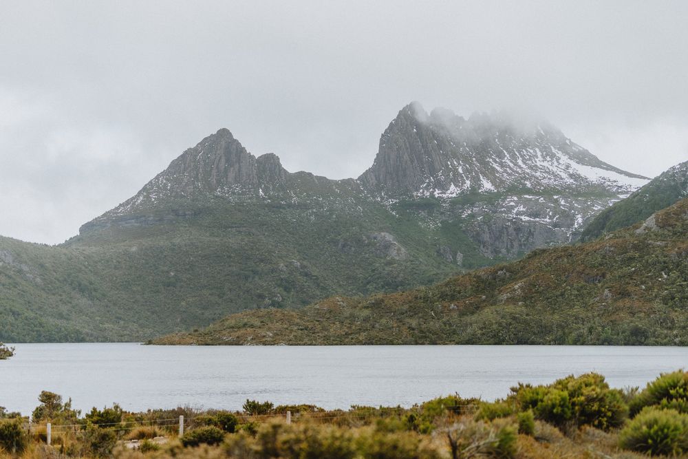 cradle mountain in the snow during a wedding