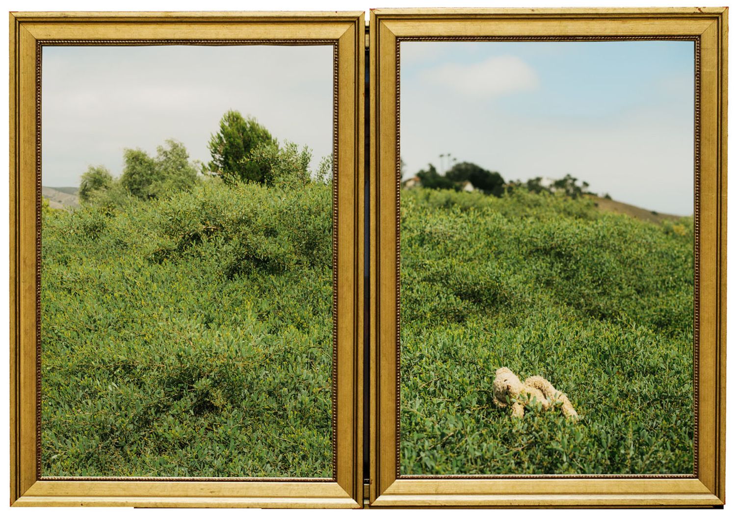 Two gold-framed panels displaying a lush green hillside landscape with a small white animal resting in the grass.