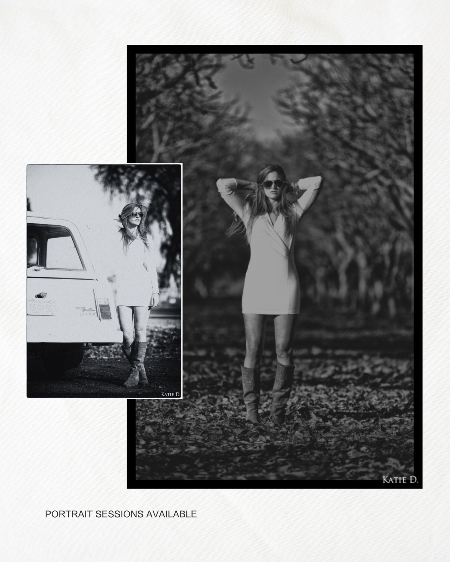 Black and white portrait photos of a woman in a mini dress and boots posing outdoors near trees and a vintage vehicle.
