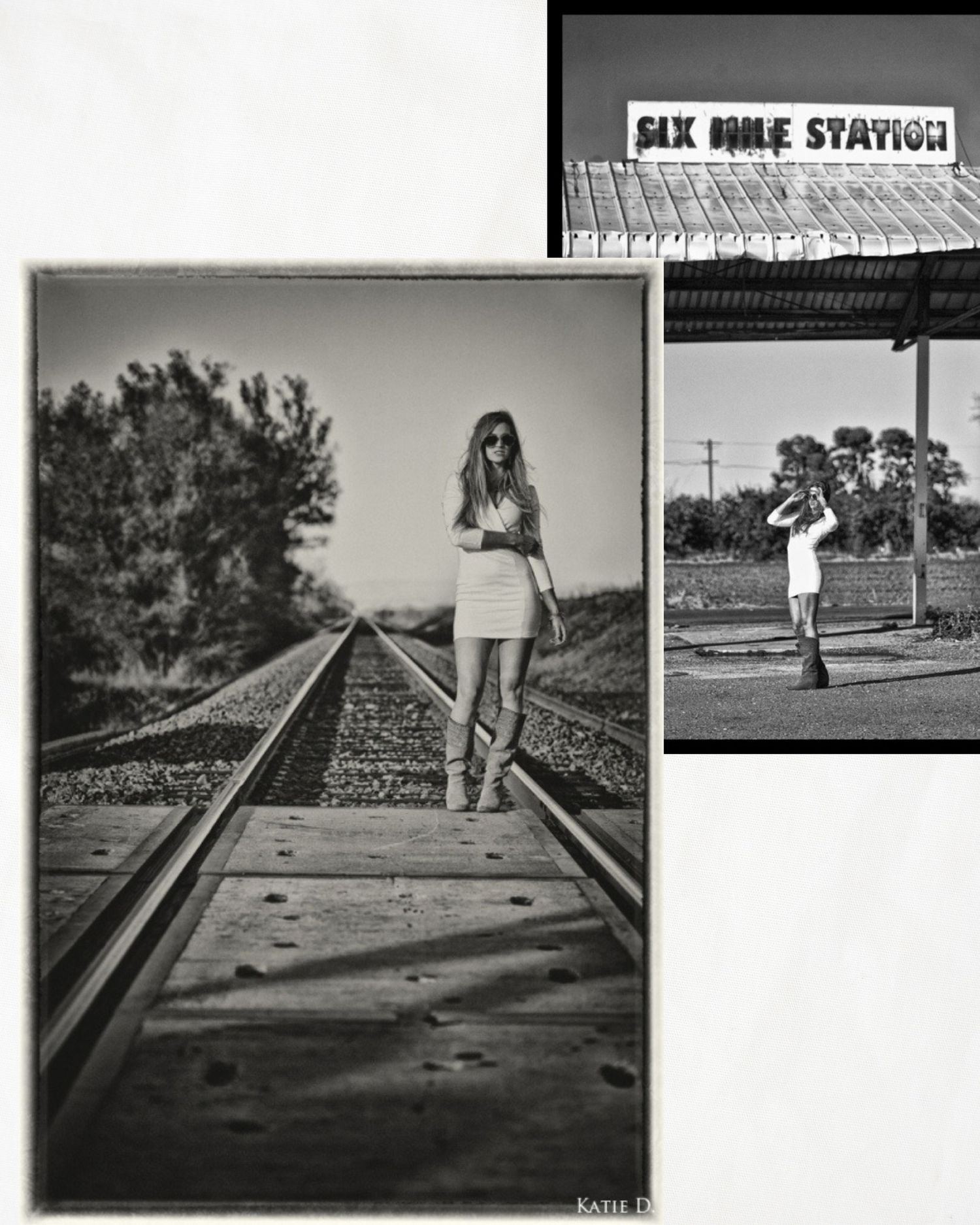 Black and white photo collage of a woman posing on railroad tracks near Six Mile Station sign.