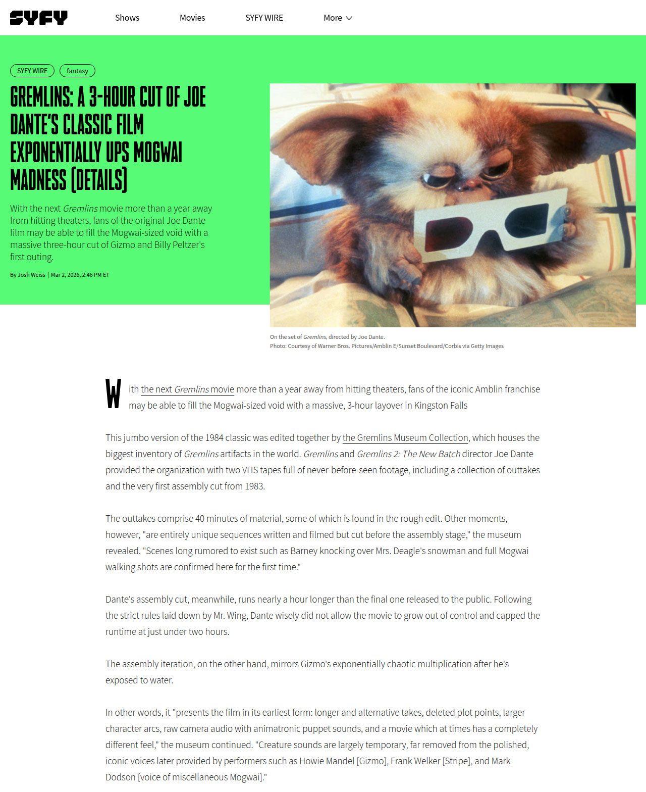 SyFi website coverage of the Gremlins Rough Cut announcement