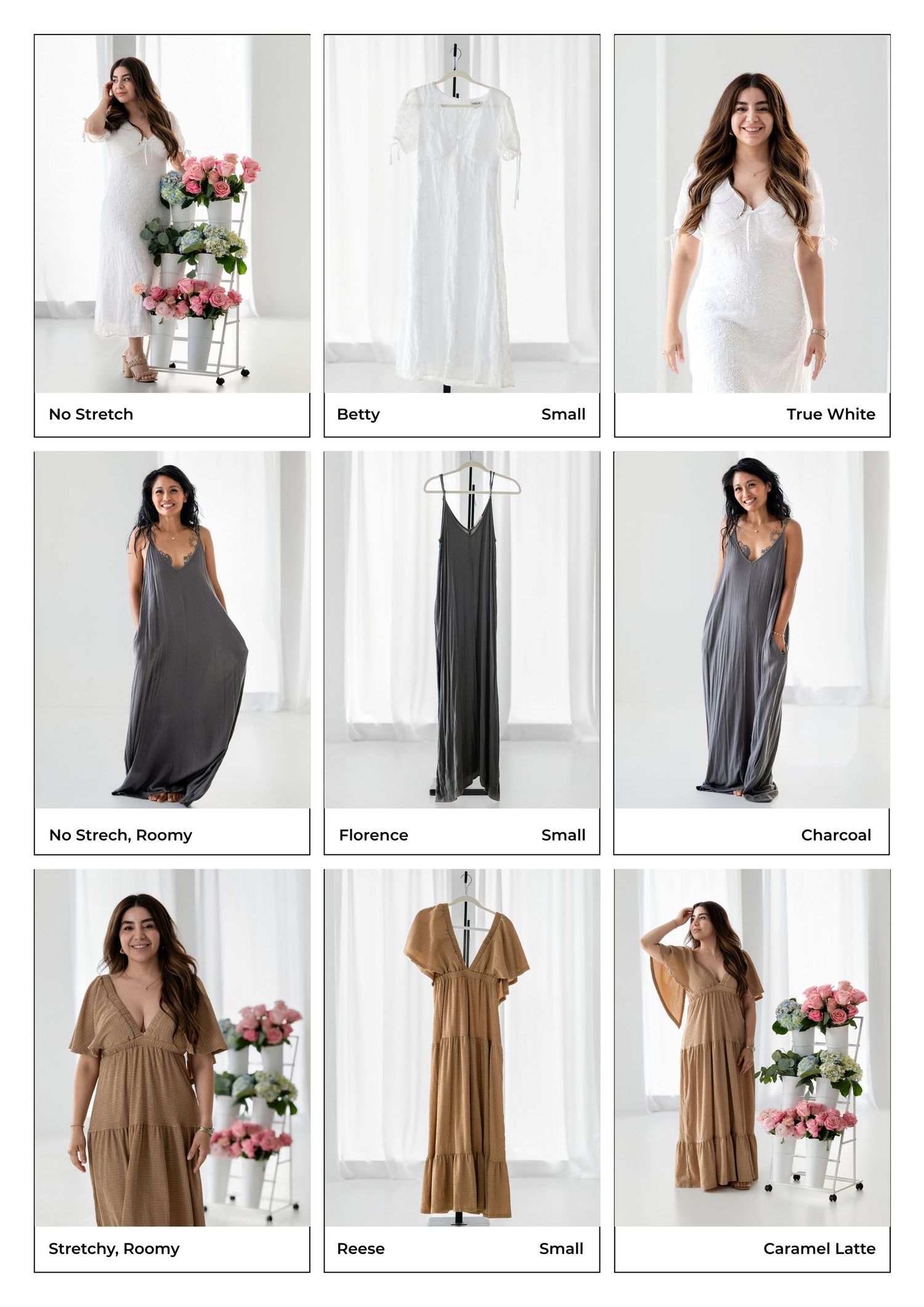 Grid of nine maxi dresses in white, gray, and caramel tones, displayed on models and mannequins, labeled Betty, Florence, and Reese.