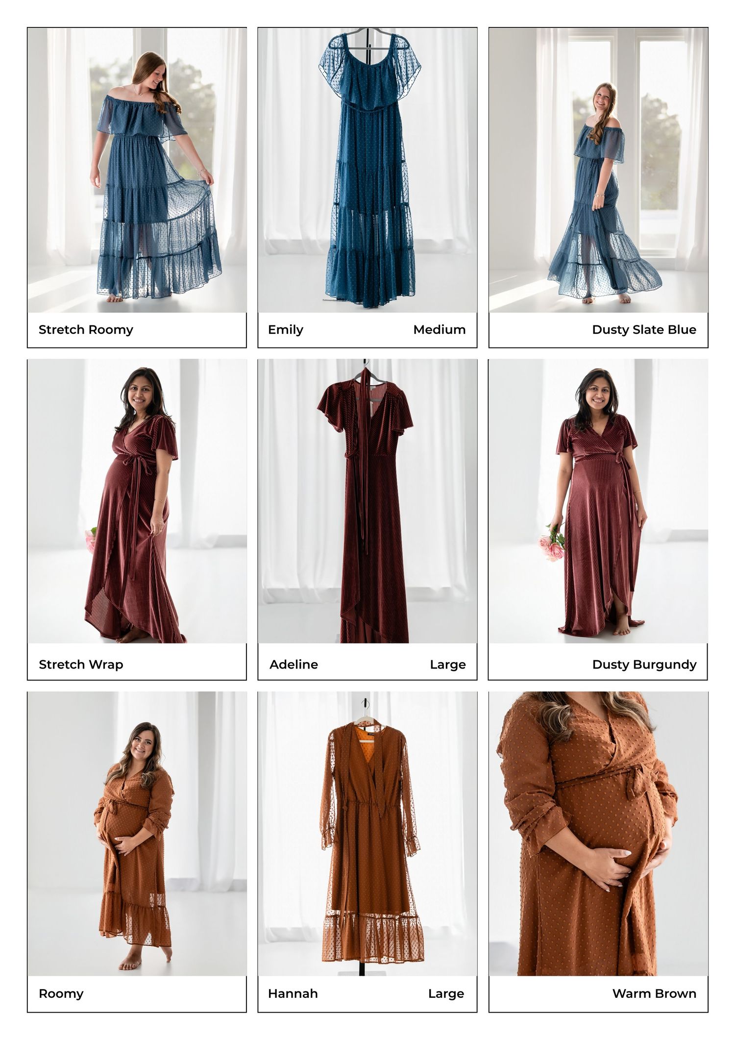 Nine maternity dresses in blue, burgundy, and brown tones displayed on models and hangers, including Emily, Adeline, and Hannah styles.